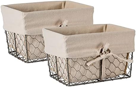  Farmhouse Chicken Wire Storage Baskets With Liner, Medium, Antique French Blue Gingham Check, 11x7.88x7", 2 Piece