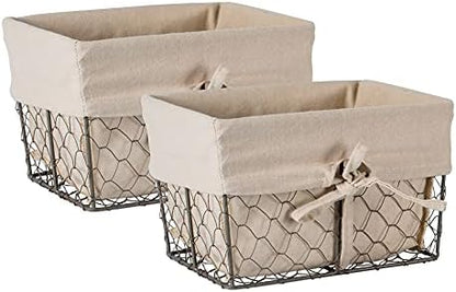  Farmhouse Chicken Wire Storage Baskets With Liner, Medium, Antique French Blue Gingham Check, 11x7.88x7", 2 Piece