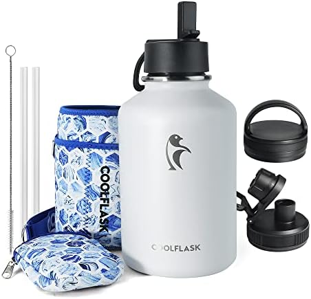  64 Oz Insulated Water Bottle With Strap & Sleeve, Half Gallon Water Jug 3 Lids Stainless Steel Multifunctional Flask BPA-Free, Keep 48H Cold 24H Hot, Compact Yoga/Gym Bottle, Black