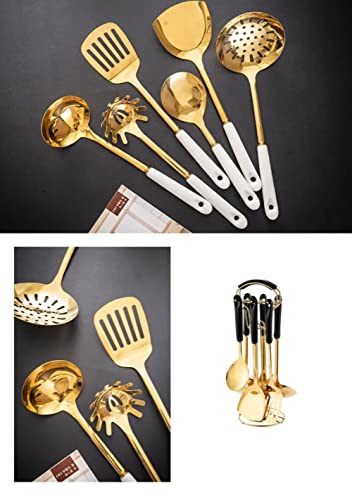 Stainless Steel Kitchenware Seven Pieces Set (White Gold).Cooking Utensils 7 Pcs Set With Hanging Shelf .Include Slotted Spoon, Slotted Spatula, Large Spoon, Soup Ladle, Spatula, Pasta Spoon.
