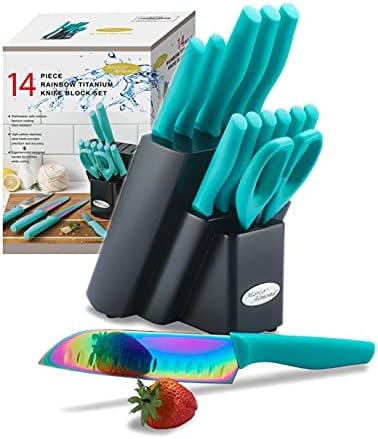  DISHWASHER SAFE Kitchen Knife Set, Marco Almond® KYA37 12-Piece Rainbow Titanium Stainless Steel Boxed Knives Set For Kitchen With Sheath, 6 Knives With 6 Blade Guards, Teal