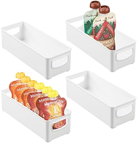  MDesign Plastic Stackable Kitchen Organizer - Storage Bin With Handles For Refrigerator, Freezer, Cabinet, And Pantry Shelves Organization - Food Container - Ligne Collection - 4 Pack - White