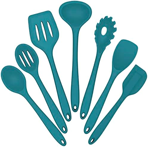  Silicone Cooking Utensils Set, E-far 7-Piece Black Heat Resistant Kitchen Utensils Set, Kitchen Nonstick Tools Spatula Ladle Spoon Pasta Server For Non-stick Cookware, Non-Toxic & Dishwasher Safe