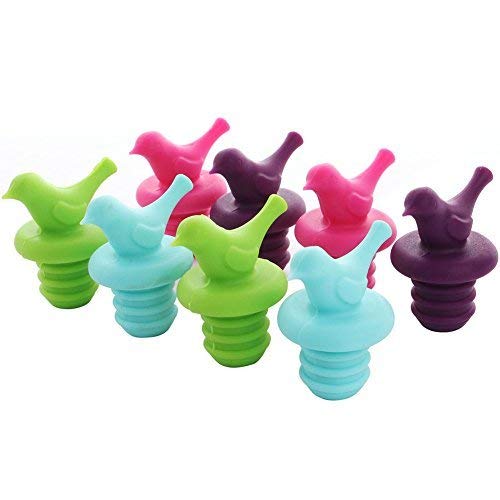  Little Bird Silicone Wine Bottle Stopper Kit, Silicone Bottle Cork Set Of 8, Assorted Color Green Blue Pink And Purple