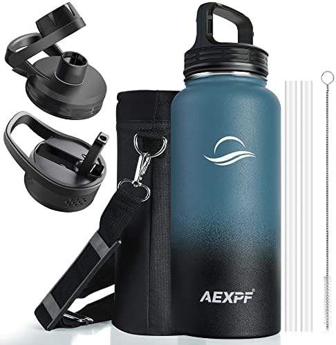  40 Oz Insulated Water Bottle, Stainless Steel Vacuum Sports Water Bottle With 3 Lids, Durable Leakproof Metal Thermos, BPA-free Water Flask Jug With Strap For Gym Camping, Indigo Black Gradient