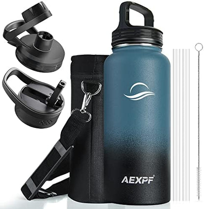  40 Oz Insulated Water Bottle, Stainless Steel Vacuum Sports Water Bottle With 3 Lids, Durable Leakproof Metal Thermos, BPA-free Water Flask Jug With Strap For Gym Camping, Indigo Black Gradient