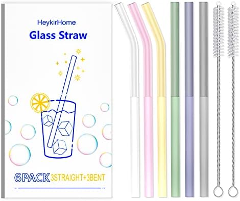  6-Pack Reusable Glass Straw-Transparent,Size 8''x10 MM,Including 3 Straight And 3 Bent With 2 Cleaning Brush- Perfect For Smoothies, Tea, Juice-Clear