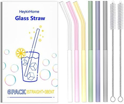  6-Pack Reusable Glass Straw-Transparent,Size 8''x10 MM,Including 3 Straight And 3 Bent With 2 Cleaning Brush- Perfect For Smoothies, Tea, Juice-Clear