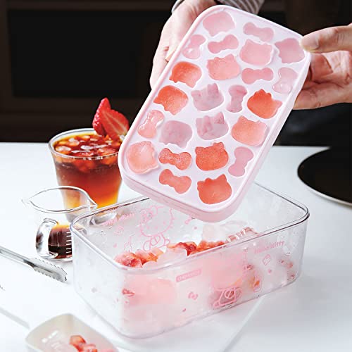  Hello Kitty Ice Cube Tray With Lid Container & Scoop, Easy-Release Silicone & Flexible 24pcs Cute Kitty Ice Cubes For Chingling Cocktail And Milk Tea (Pink)