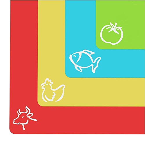  Extra Thick Flexible Plastic Cutting Board Mats With Food Icons & "EZ-Grip" Waffle Back, (Set Of 4) - Chopping Board Set - Textured Waffle Grip Bottom Prevents Slipping On Most Counter Tops