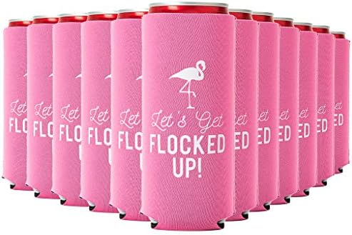  Let's Get Flocked UP!, Set Of 12 Slim Pink And White Can Coolers Cups, Flamingo Can Coolers Perfect Flamingo Party Supplies, Bachelorette Party, And Bridal Showers
