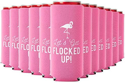  Let's Get Flocked UP!, Set Of 12 Slim Pink And White Can Coolers Cups, Flamingo Can Coolers Perfect Flamingo Party Supplies, Bachelorette Party, And Bridal Showers
