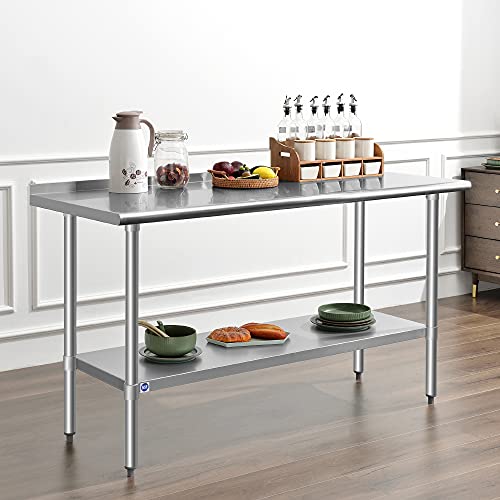  OCKPOINT Stainless Steel Table For Prep & Work With Backsplash 60x24 Inches, NSF Metal Commercial Kitchen Table With Adjustable Under Shelf And Table Foot For Restaurant, Home And Hotel