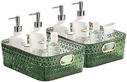  2 Pack Open Compartment Clear Plastic Organizer, Rectangular Makeup And Vanity Storage Bin And Pantry Caddy With Pass-Through Handles For Bathroom Kitchen Refrigerator Organizers And Storage
