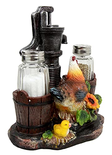  Country Animal Farm Chicken Hen With Chicks By Irrigation Well Pump Barrels And Sunflowers Salt And Pepper Shakers Holder Figurine As Kitchen Dining Home Decorative Sculpture Of Rooster