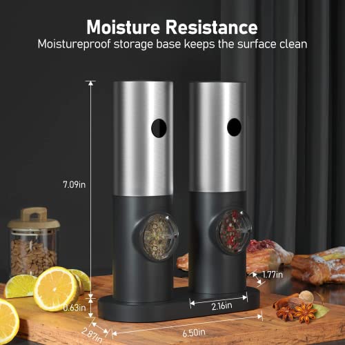  Lectric Salt And Pepper Grinder Set, EAGMAK Battery Powered Automatic 70ml Pepper Mill Grinders, Stainless Steel Electronic Mill Shakers With Adjustable Coarseness, LED Light & Storage Base (2 Pack)