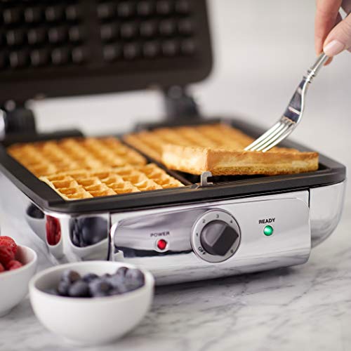  Electrics Stainless Steel Waffle Maker 4 Section Nonstick, Upright Storage 1600 Watts 6 Browning Levels, Square, Belgium Waffle, Removable Plates, Dishwasher Safe