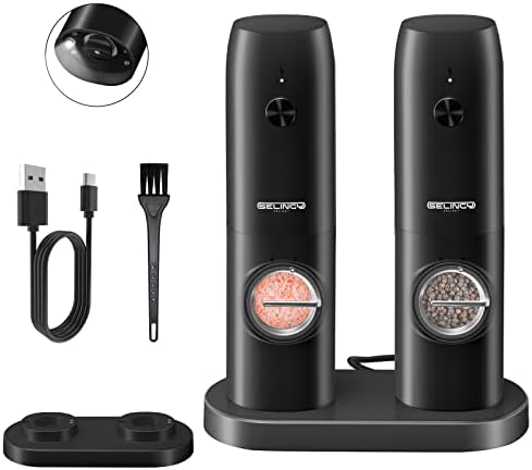  Electric Salt And Pepper Grinder Set With Rechargeable Base, One Hand Operation Automatic Salt And Pepper Grinder Set - White Light - Adjustable Coarseness Pepper Mill Grinders