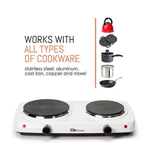  Cuisine EDB-302F Double Countertop Portable Buffet Burner Electric Hot Plate, Dual Temperature Controls, Flat Cast Iron Heating Plates, Power Indicator Lights, Easy To Clean, 1440 Watts, White