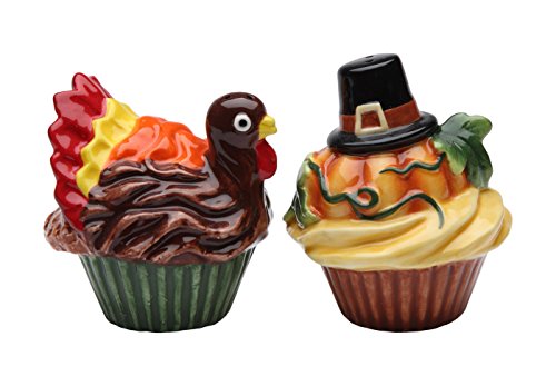  SS-CG-61814, 3 Inch Holiday Pumpkin And Turkey Cupcake Pair Salt And Pepper Shakers, Brown