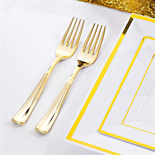  50 Guest Gold Plastic Plates With Disposable Cutlery& Gold Plastic Cups-Square Plastic Plates-Gold Plastic Utensils Set And Napkins For Wedding& Parties