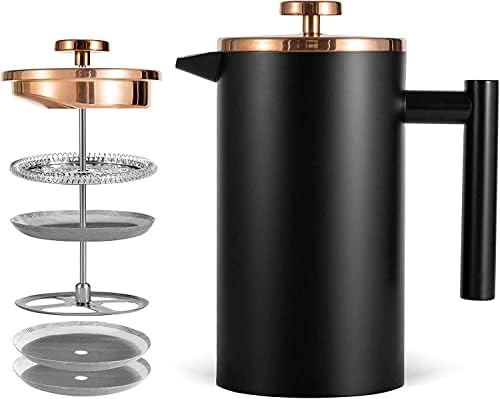  French Press 34oz, Double Insulated 304 Stainless Steel Coffee Press,Stainless Steel French Press With 5 Extra Fliters And 3 Additional Coffee Set(34oz, Sliver)