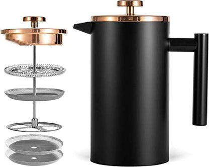  French Press 34oz, Double Insulated 304 Stainless Steel Coffee Press,Stainless Steel French Press With 5 Extra Fliters And 3 Additional Coffee Set(34oz, Sliver)