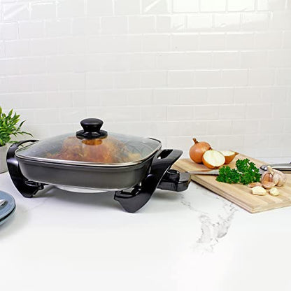  Non-Stick Electric Skillet With Tempered Glass Lid, Black And Grey, Deep-Dish Frying Pan, 12" X 12" Cooking Surface, Vented Lid, One-Pot Cooking, Grill, Saute, Stir-Fry, Stew