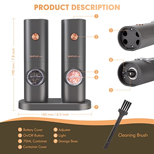  Electric Salt And Pepper Grinder Set, One-Handed, Battery Powered, Adjustable Coarseness, LED Light, Pepper Mills With Stand, Seasoning Tools For Kitchen, Dining Or Gifting