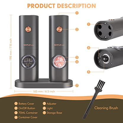  Electric Salt And Pepper Grinder Set, One-Handed, Battery Powered, Adjustable Coarseness, LED Light, Pepper Mills With Stand, Seasoning Tools For Kitchen, Dining Or Gifting