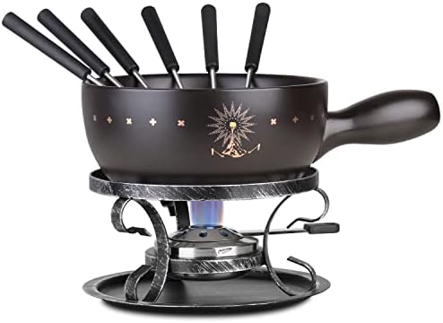  Artestia 2.11-Quart Ceramic Fondue Pot Set Cheese Chocolate Melting Pot Metal Stand With 6 Fondue Forks And Swiss Floral Pattern, Perfect For 6-8 People, 10 Piece