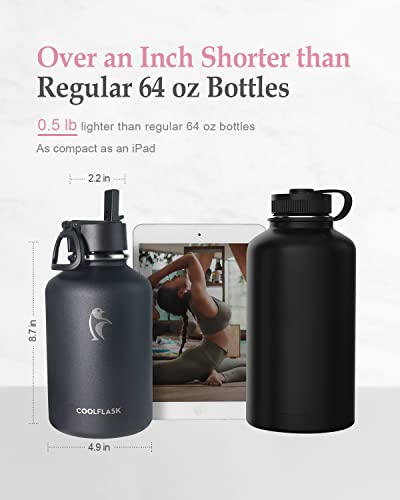  64 Oz Insulated Water Bottle With Strap & Sleeve, Half Gallon Water Jug 3 Lids Stainless Steel Multifunctional Flask BPA-Free, Keep 48H Cold 24H Hot, Compact Yoga/Gym Bottle, Black