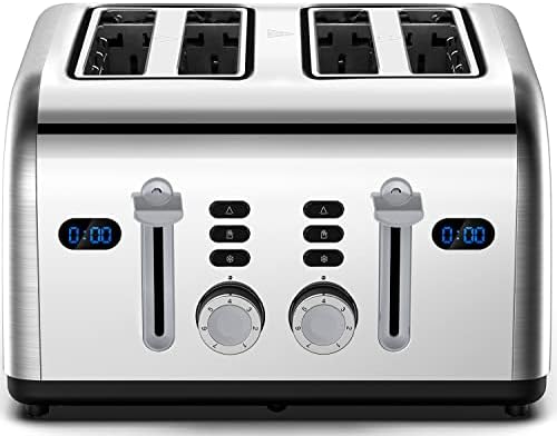 Toaster 4 Slice, REDMOND Retro Stainless Steel Toasters With LED Digital Countdown Timer Display, Dual Independent Control Panel, Reheat Defrost Cancel Function, High Lift Lever, Blue