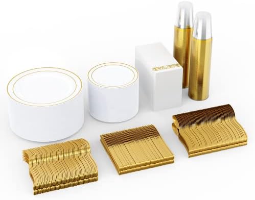  700 Piece Gold Dinnerware Set-200 Plastic Plates- 300 Gold Plastic Silverware-100 Gold Plastic Cups-100 Disposable Hand Towel- Disposable Gold Dinnerware Set For Halloween, Christmas, Thanksgiving