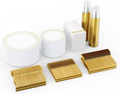  700 Piece Gold Dinnerware Set-200 Plastic Plates- 300 Gold Plastic Silverware-100 Gold Plastic Cups-100 Disposable Hand Towel- Disposable Gold Dinnerware Set For Halloween, Christmas, Thanksgiving