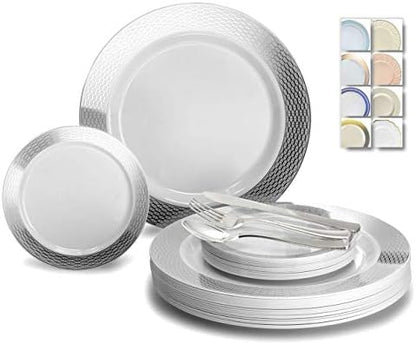  " OCCASIONS " 600 Pcs Set & 120 Guest Wedding Disposable Plastic Plate & Silverware Combo Set (White & Silver Rim Plates, Silver Silverware)