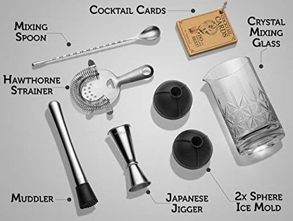  Cktail Set - 7-Piece Bartender Kit - Mixing Glass Set Includes Crystal Stirring Glass (24oz), Japanese Jigger, Spoon, Muddler And Strainer - Bar Accessories And Tools
