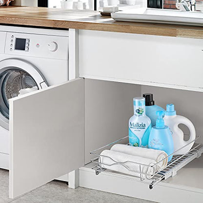  Pull Out Cabinet Drawer Organizer,Heavy Duty Slide Out Pantry Shelves Sliding Drawer Storage For Kitchen,Bathroom,Home,Wire Frame, Chrome Finish