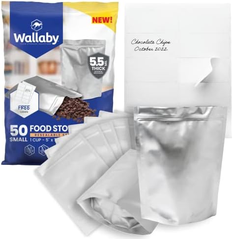  50x Wallaby 1-Quart Gusset Mylar Bag Bundle - (6 Mil - 7" X 10") Stand-Up Zipper Pouches + 50x Labels - Heat Sealable, Food Safe, & Reliable Long Term-Food Storage Solutions - Silver