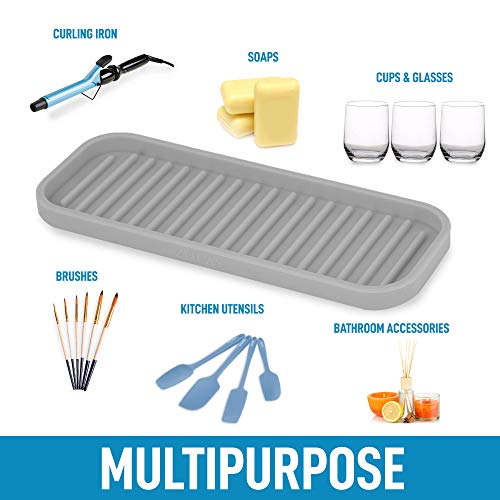  (9x3.5) Silicone Sponge Holder For Kitchen Sink - Flexible Multipurpose Kitchen Soap Tray Sponge Holder - Sink Organizer Tray For Kitchen, Bathroom, Makeup, Trinkets & More (Gray)