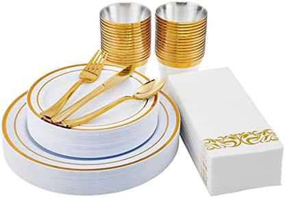  210PCS Gold Dinnerware Set 30 Guest,Gold Party Supplies,60 Gold Rim Plastic Plates-30 Gold Plastic Silverware-30 Plastic Cups-30 Linen Like Paper Napkins For Graduation, Birthday, Cocktail Party-Gold