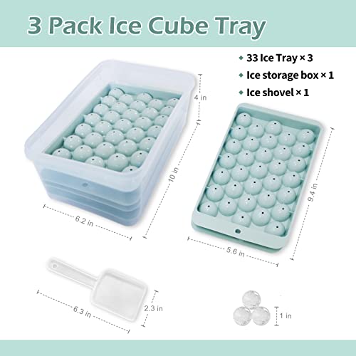  Ice Cube Tray,Circle Ball Ice Trays For Freezer With Lid & Bin,Cube Tray Making 99PCS Sphere Ice Chilling Cocktail Whiskey Tea Coffee 3 Trays 1 Ice Bucket & Scoop