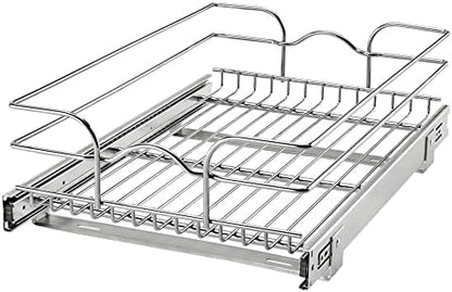  Rev-A-Shelf 5WB1-0918CR-1 8.5 X 18 Inch Single Wire Pull Out Shelf Storage Basket Organizer W/100lb Weight Capacity For Kitchen Base Cabinets, Silver