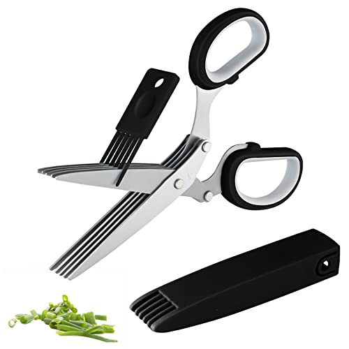  Gourmet Herb Scissors Set - Master Culinary Multipurpose Cutting Shears With Stainless Steel 5 Blades, Herb Stripper, Safety Cover And Cleaning Comb For Cutting Cilantro Onion Salad