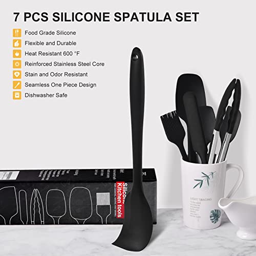  Ilicone Spatula Set Of 7 One Piece Seamless Design, Rubber Spatulas Silicone Heat Resistant Non Stick Cookware, Silicon Spatula All Silicone Kitchen Utensils 7 PCS Black