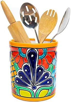  Ceramic Large Utensil Holder Spatula Crock Kitchen Counter Organizer Mexican Pottery Utensils Tools Caddy Spoon Rest White Ceramic (Cobalt Large (7.5"H X 6"W))