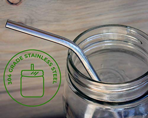  Combo Pack Thin Bent Stainless Steel Straws For Mason Jars (6 Pack + Cleaning Brush + Cloth Bag)