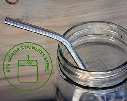  Combo Pack Thin Bent Stainless Steel Straws For Mason Jars (6 Pack + Cleaning Brush + Cloth Bag)