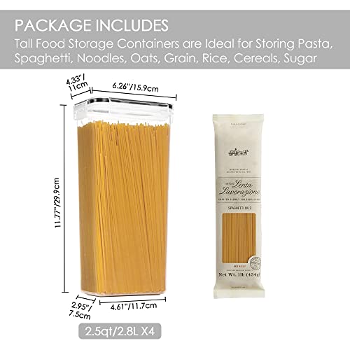  Airtight Food Storage Containers With Lids, 4 PCS 2.8L Pasta Containers For Pantry Organization And Storage, BPA Free Kitchen Storage Containers For Spaghetti, Flour, Sugar And Noodles, Black