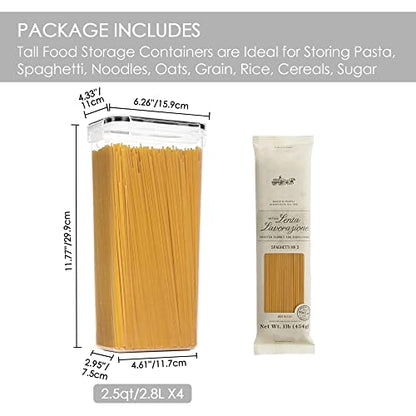  Airtight Food Storage Containers With Lids, 4 PCS 2.8L Pasta Containers For Pantry Organization And Storage, BPA Free Kitchen Storage Containers For Spaghetti, Flour, Sugar And Noodles, Black